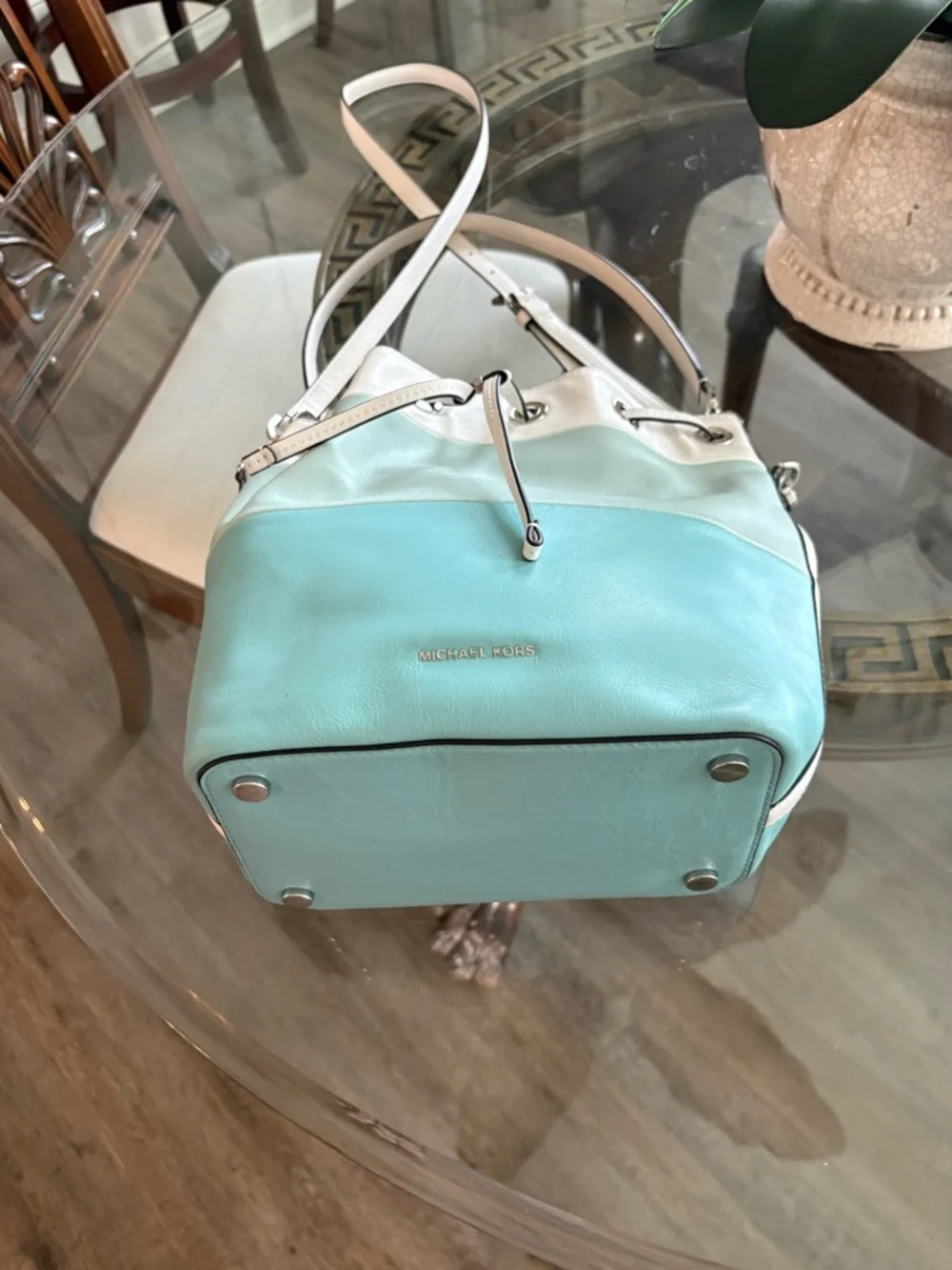 Michael Kors Two-Tone White and Mint Green Leather Drawstring Shoulder Bag